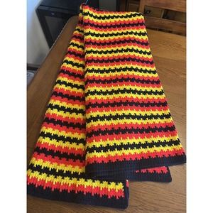 Vintage 70s MCM Striped Acrylic Knit Afghan Blanket Yellow Red Orange Navy